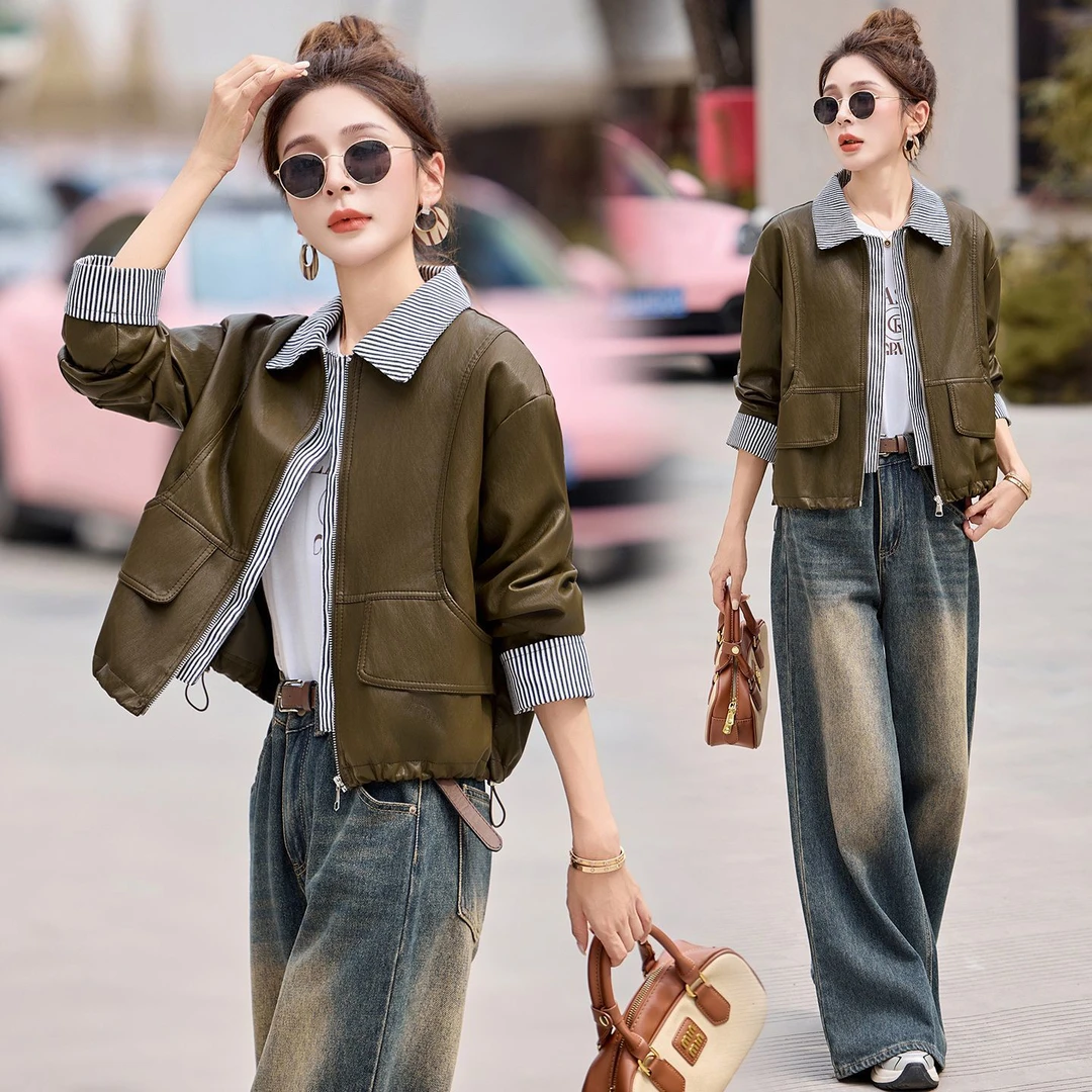 条纹拼接假两件皮衣外套女2025秋季新款休闲翻领pu皮夹克小个子潮