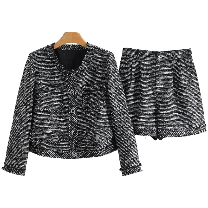 F134-【昔】气质圆领短外套直筒短裤时尚套装#ASX55T003