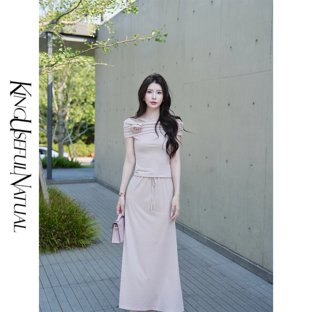 KUN【海芋恋】约会出片 细闪高弹针织灰粉色战袍春夏一字领半裙套装