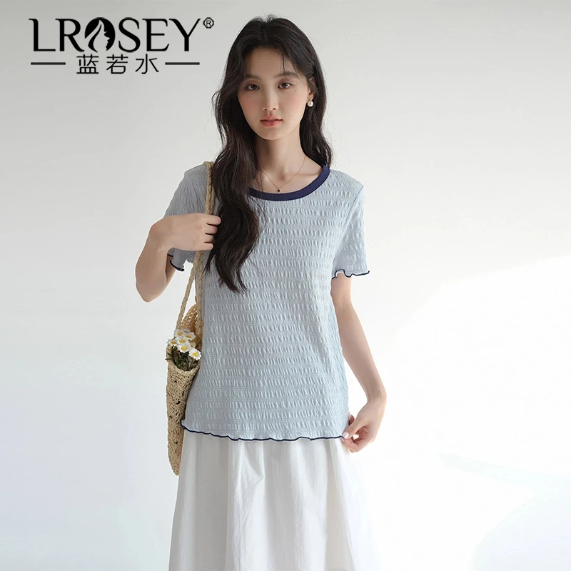 【胖MM遮肉肌理感木耳边短袖T恤】蓝若水大码女装撞色圆领上衣86782