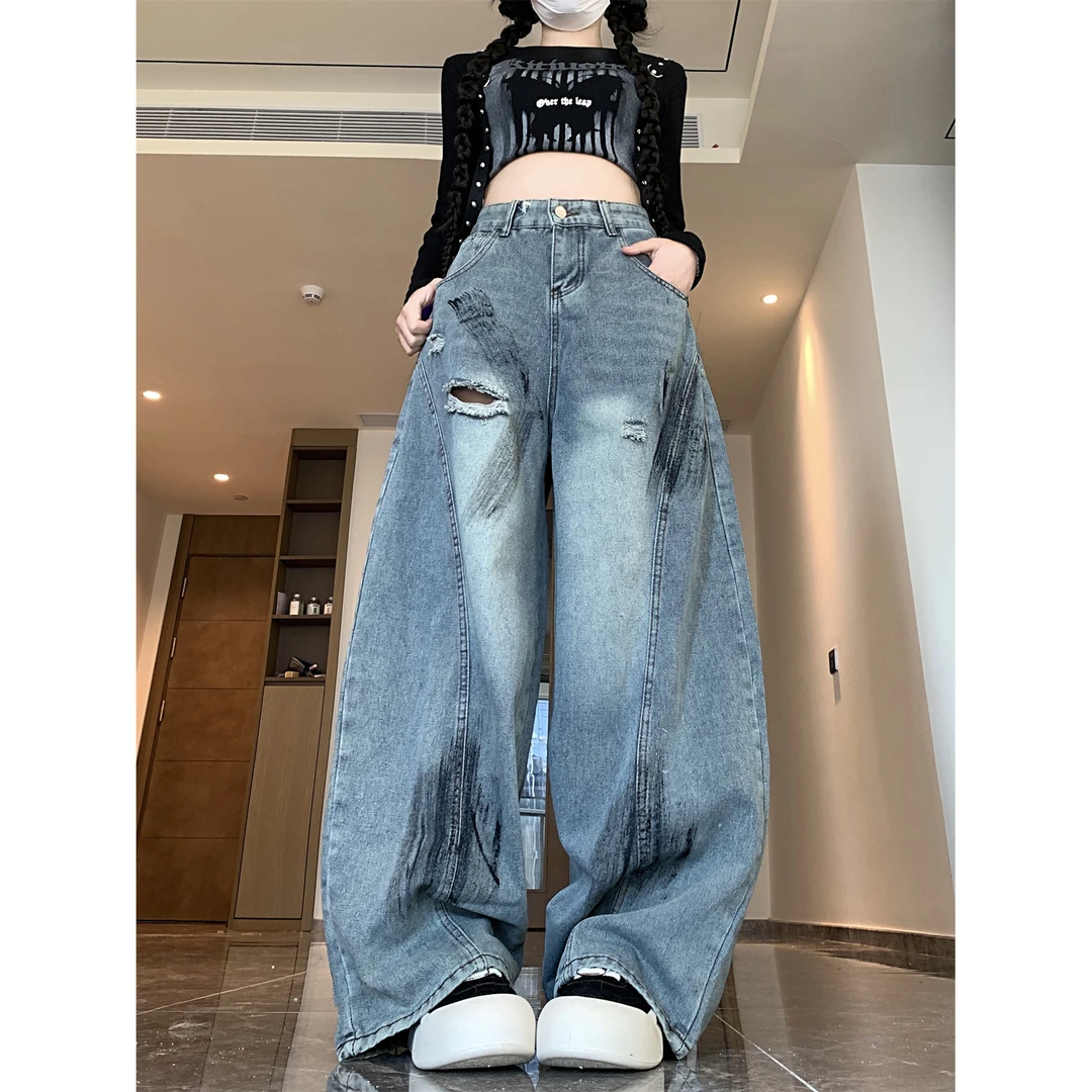 美式高街破洞宽松休闲阔腿裤灯笼裤女春季潮流高腰显瘦牛仔裤