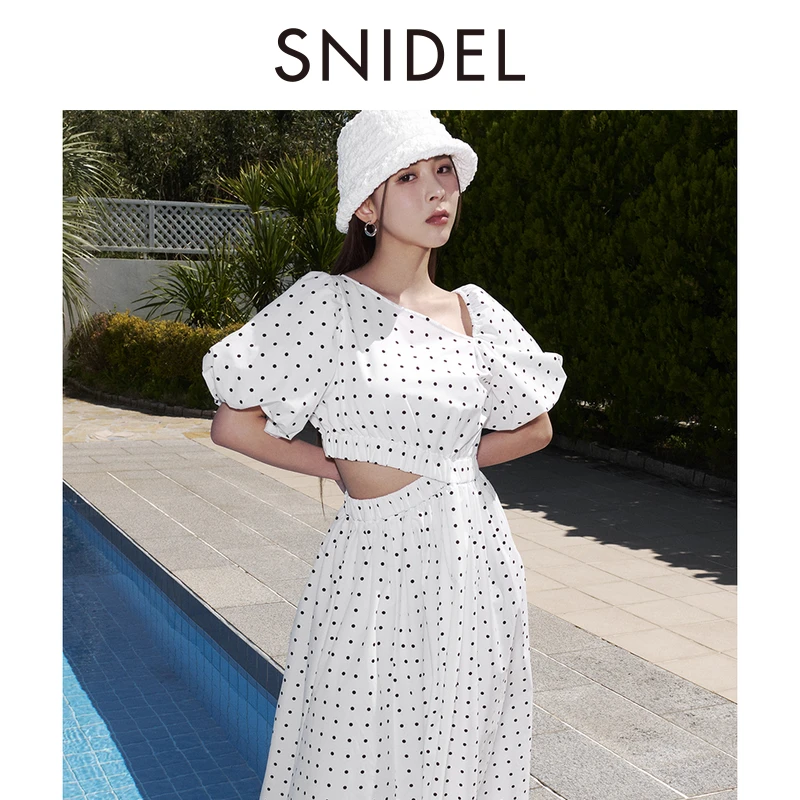 SNIDEL春夏新品甜美淑女泡泡袖斜领露腰A字连衣裙SWFO242202