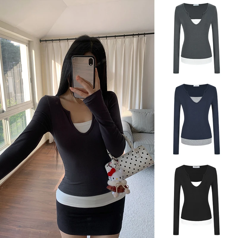 Moses Queen/魔西女王美式复古假两件长袖T恤拼接撞色辣妹上衣女