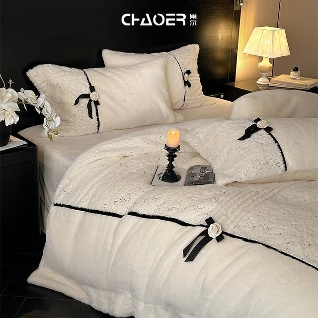 巢尔【星辰山茶】法式小香风山茶花蝴蝶结牛奶绒被套双面绒四件套