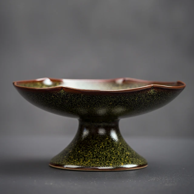 窑变创意高脚点心盘陶瓷茶点盆日式中式果盘客厅粗陶禅意茶点盘