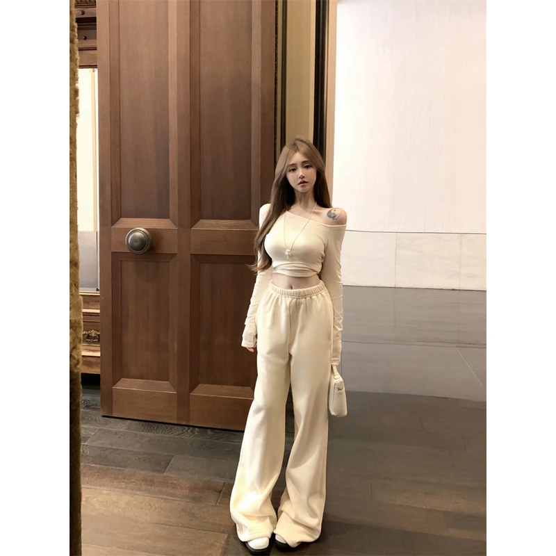 韩系小众辣妹休闲套装露肩紧身百搭上衣+宽松垂感加厚长裤套装女