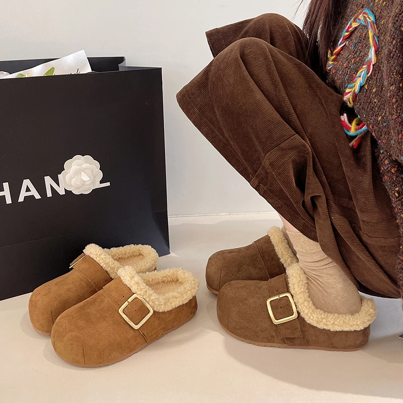 新款毛毛加绒勃肯鞋女2025秋冬季韩版厚底一脚蹬懒人鞋保暖棉拖鞋