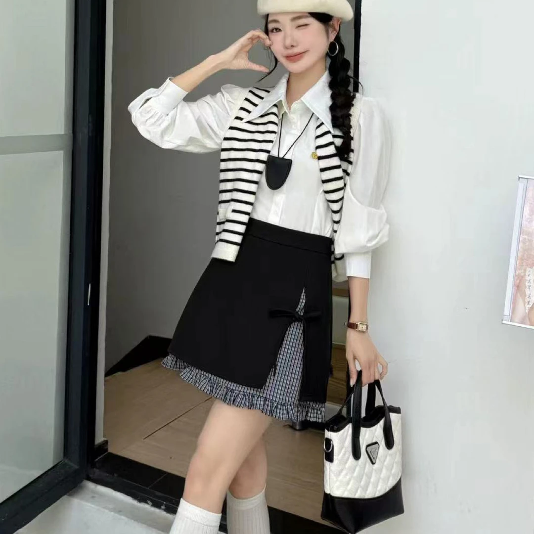 复古拼接格子高腰系带秋季A字短款半身裙小个子显瘦