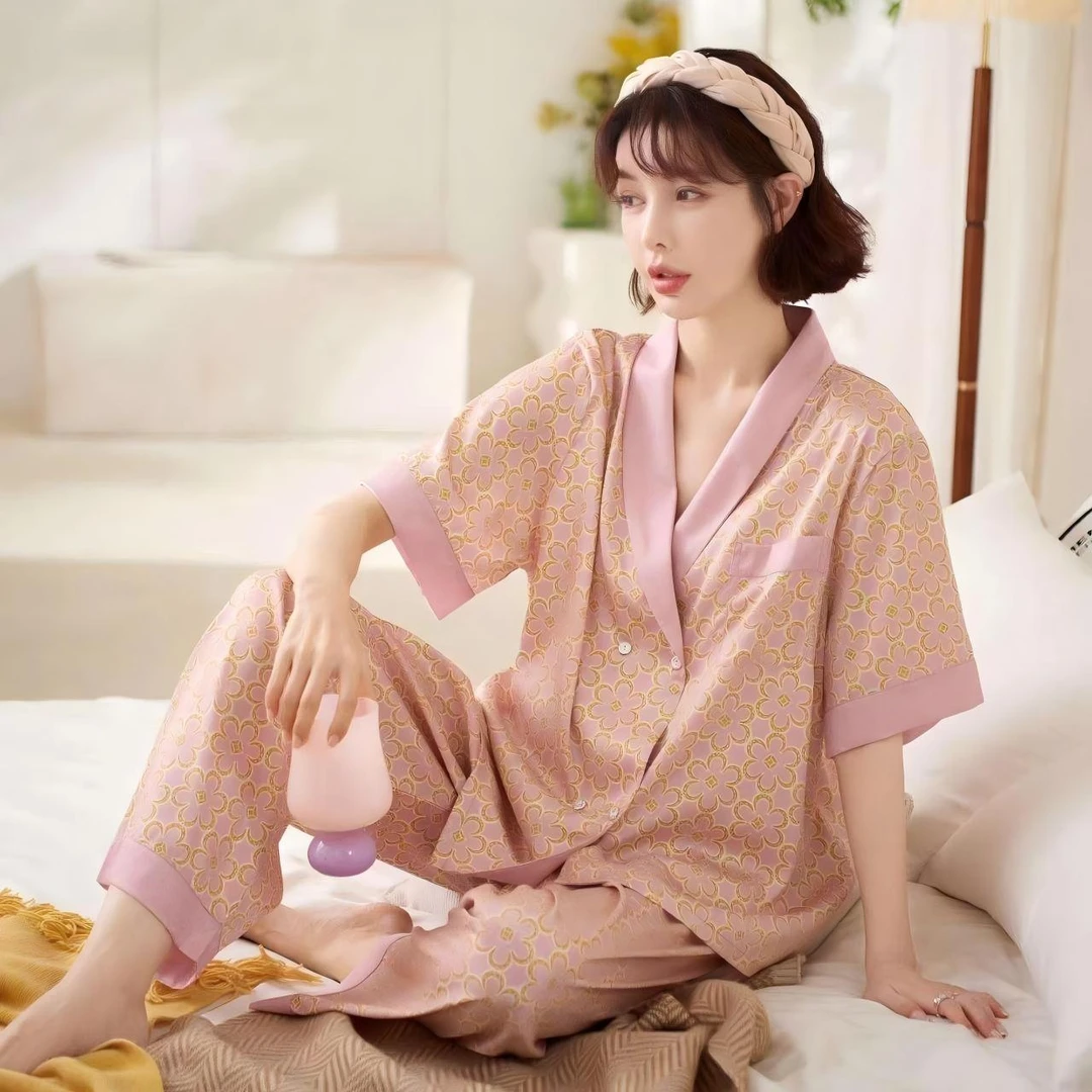 特！门店24&9！繁花睡衣」柔光软丝凉感印花短袖家居服套装女C17002