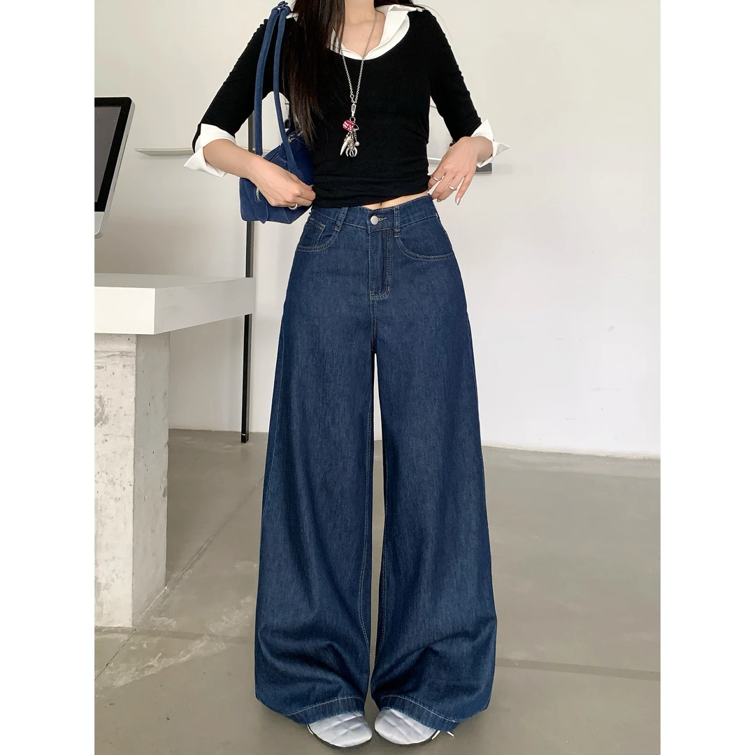 2025秋季胖mm大码女装复古深蓝色宽松牛仔裤高腰阔腿拖地长裤5001