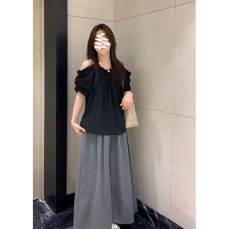 9538#夏季新款韩系设计感褶皱露肩短袖搭配格子裤高腰显瘦套装