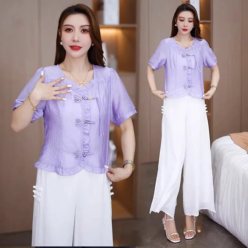 时尚洋气套装女2025夏季新款设计感盘扣雪纺衫阔腿裤裙显瘦两件套