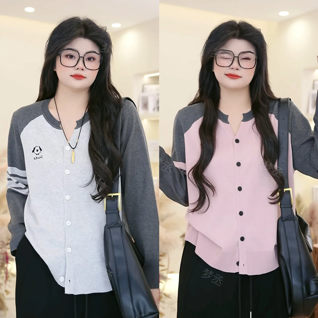 梦丞-冬季大码女装V领条纹小狗刺绣减龄宽松显瘦长袖针织衫上衣