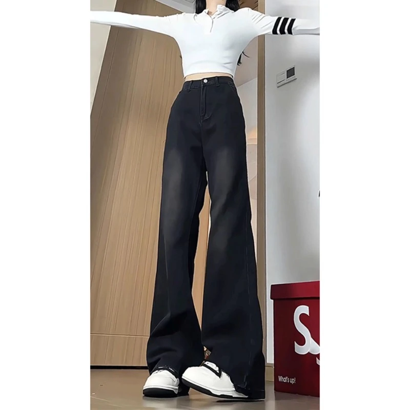 黑灰色高腰微喇牛仔裤男款秋季美式复古vibe裤子显瘦提档直筒长裤