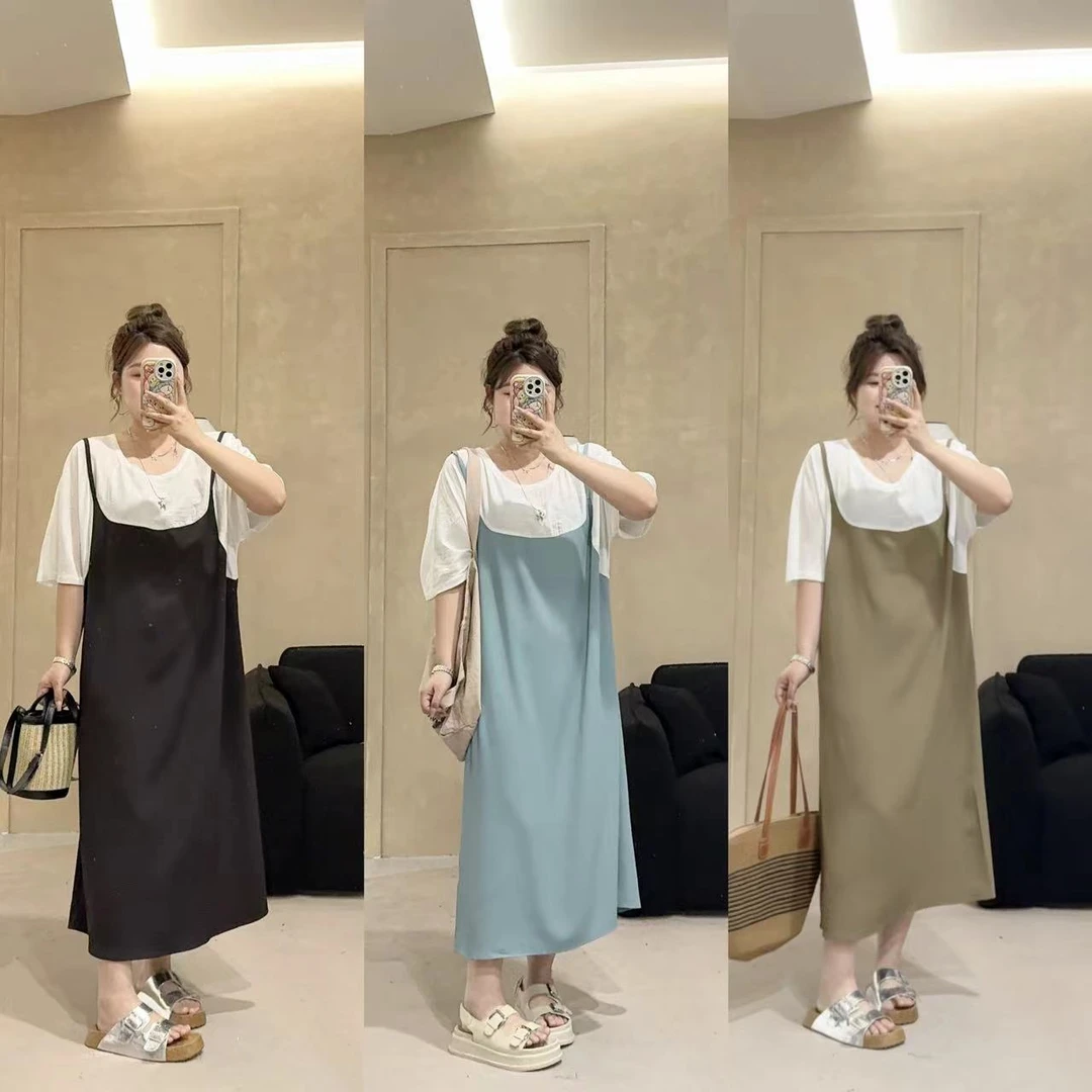 晶咕【碧波海盐】假两件背带凉爽宽松连衣裙显瘦洋气时尚夏季