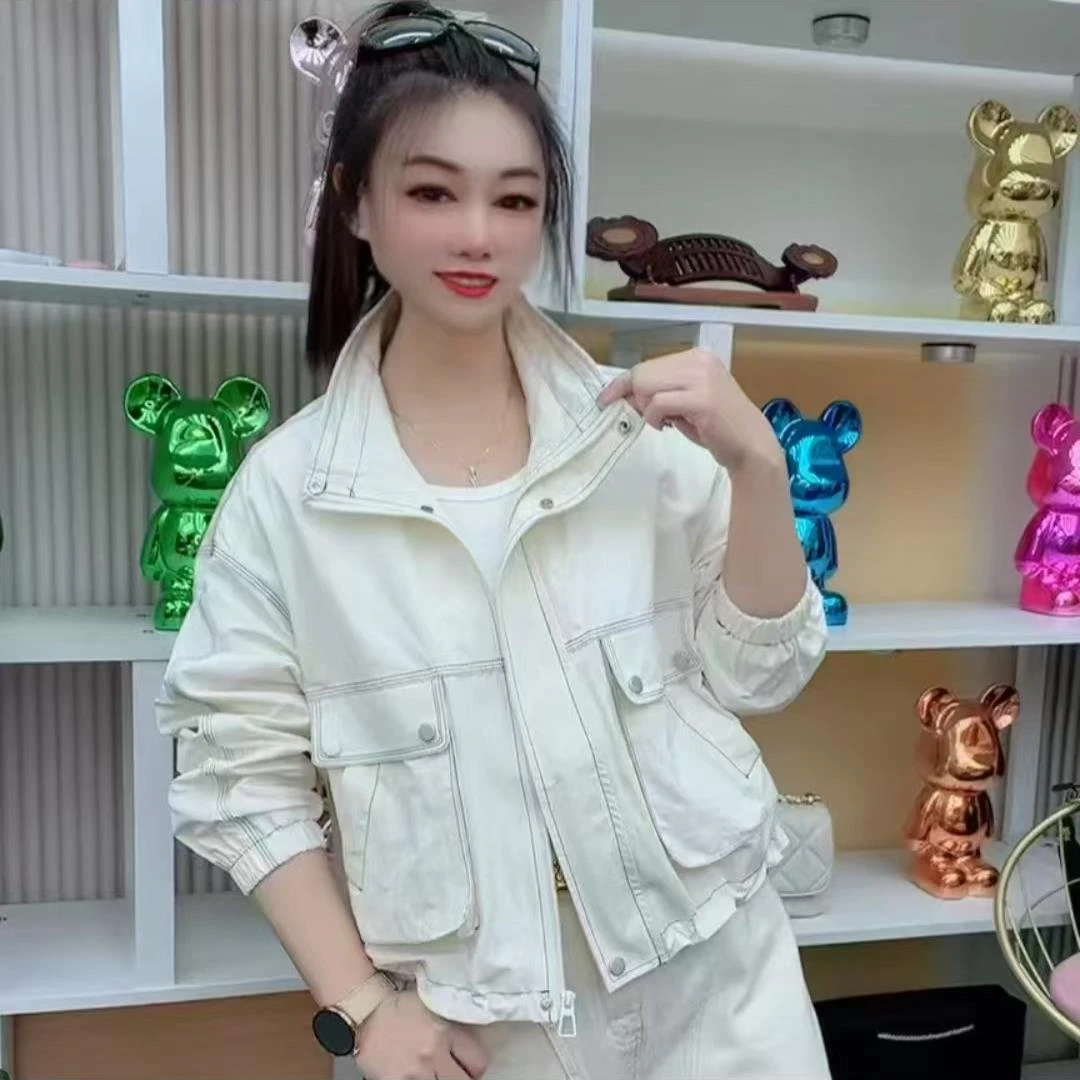 欧洲站夹克工装外套女新款长袖立领纯色双兜时尚百搭休闲宽松外衣