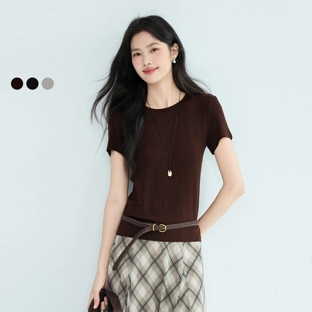 伊芙丽极简高质天丝羊毛透感轻薄修身显瘦黑色T恤女夏装气质针织