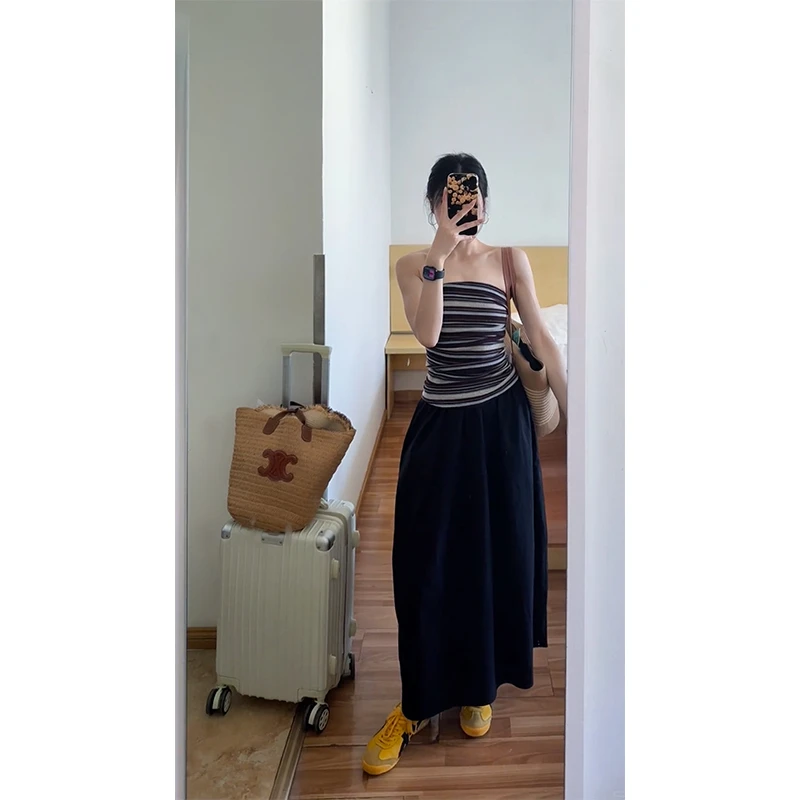 2025夏季新款辣妹风性感抹胸条纹背心修身显瘦别致上衣百搭半身裙