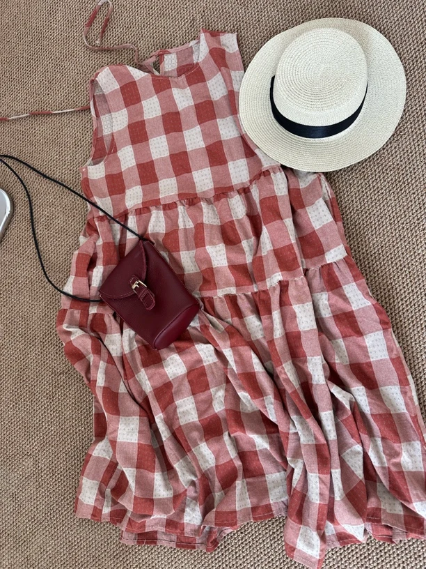棉麻红格子连衣裙