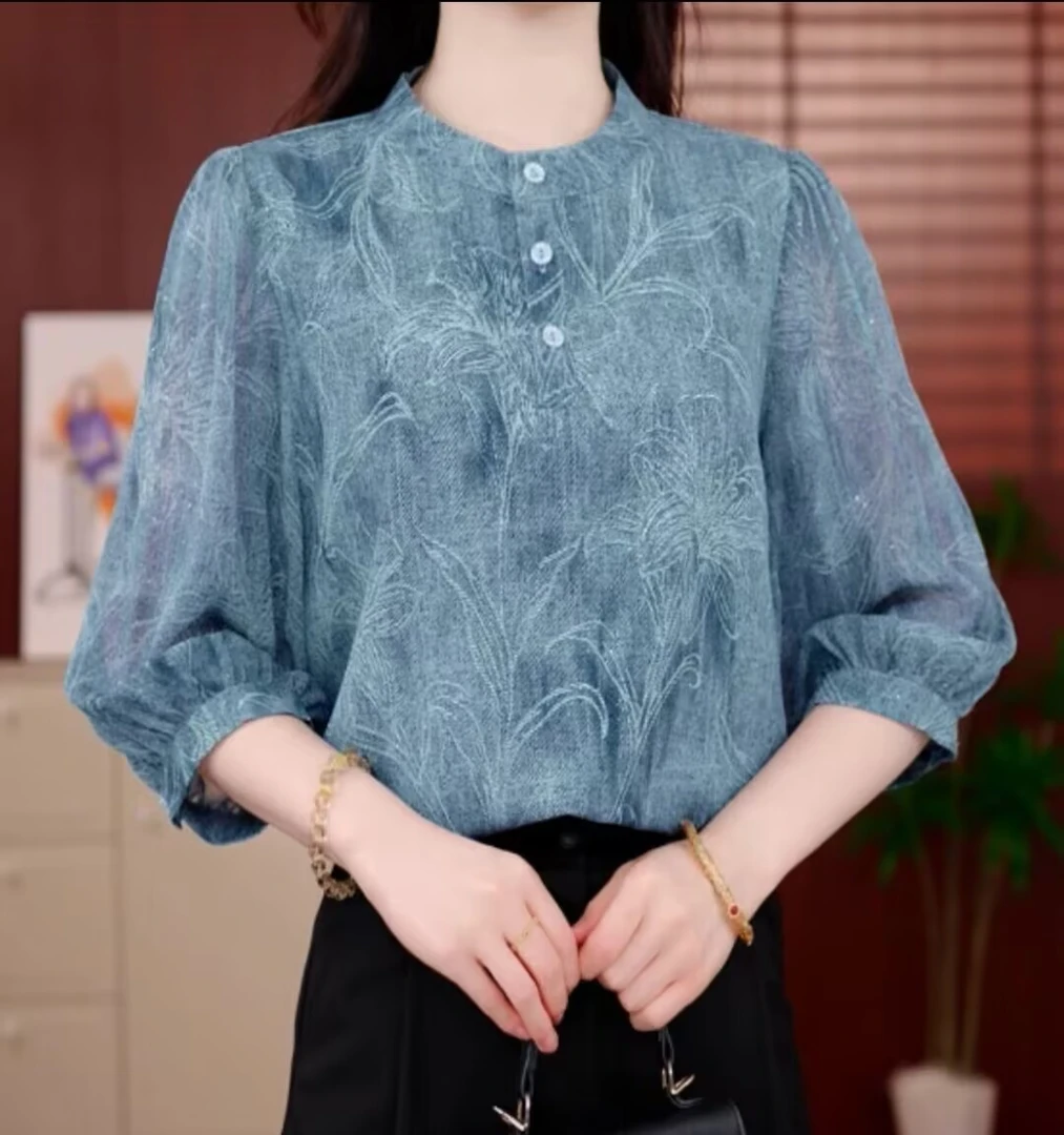 【洒银工艺】春夏七分袖薄款冰丝衬衫大码胖mm遮肚宽松洋气防晒小衫