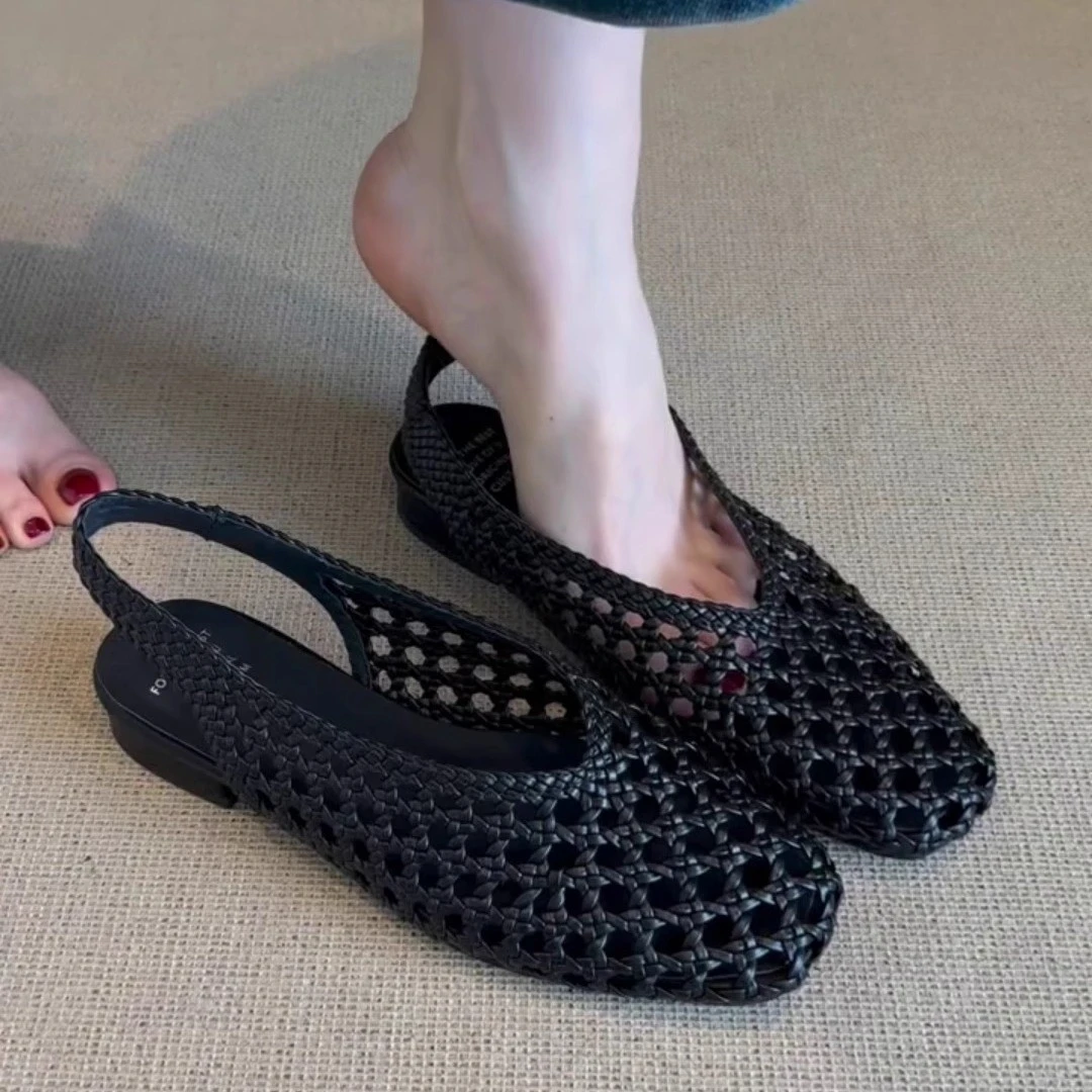 羊皮版~2025新款法式复古风编织镂空透气包头气质百搭后绊带凉鞋