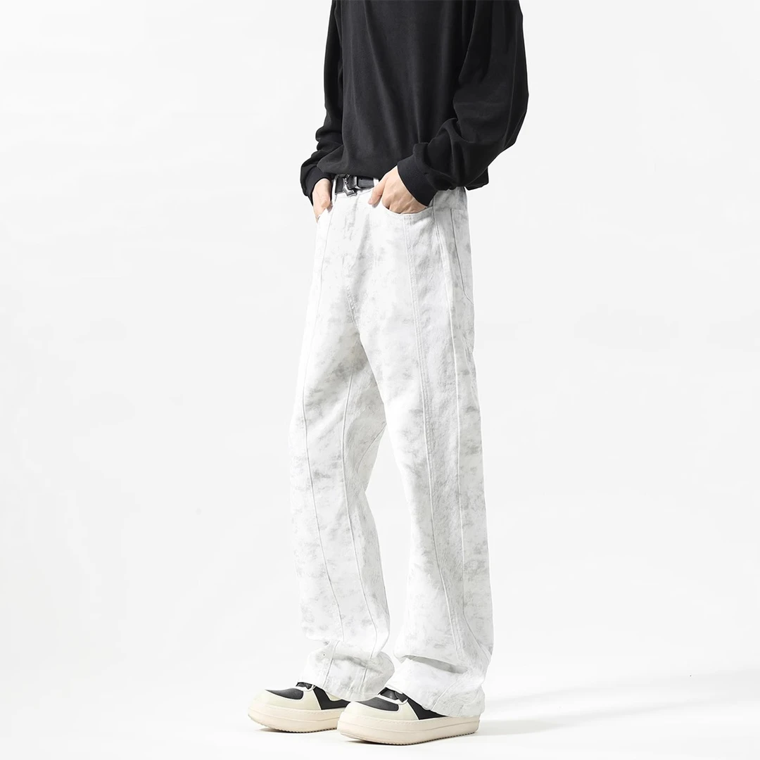 GS美式潮流高街脏洗牛仔裤男士春季潮牌宽松做旧直筒休闲微喇长裤