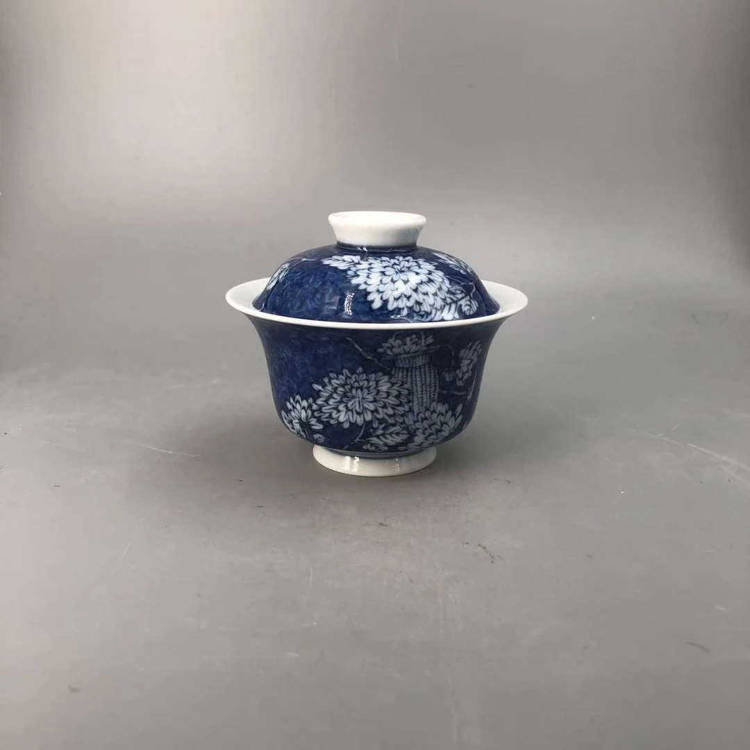 CL-C3418[学茶严选]雨后 湛蓝系列 蓝地菊花 盖碗（首） 陶瓷