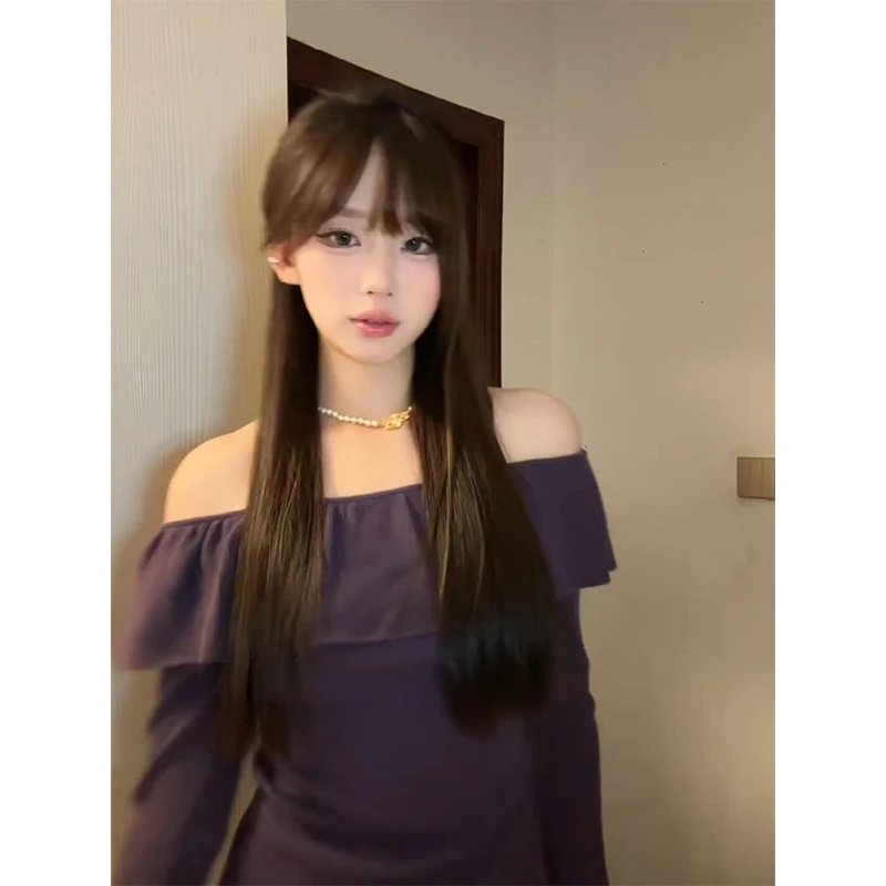 韩系紫色荷叶边一字肩针织衫上衣女秋冬内搭修身短款加厚打底毛衣