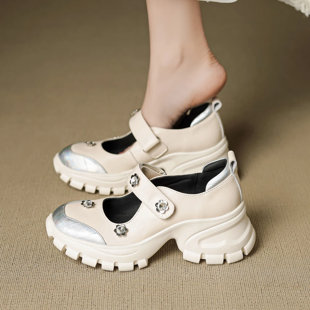 7cm法式复古厚底小个子单鞋女圆头浅口水钻一字带玛丽珍鞋松糕鞋