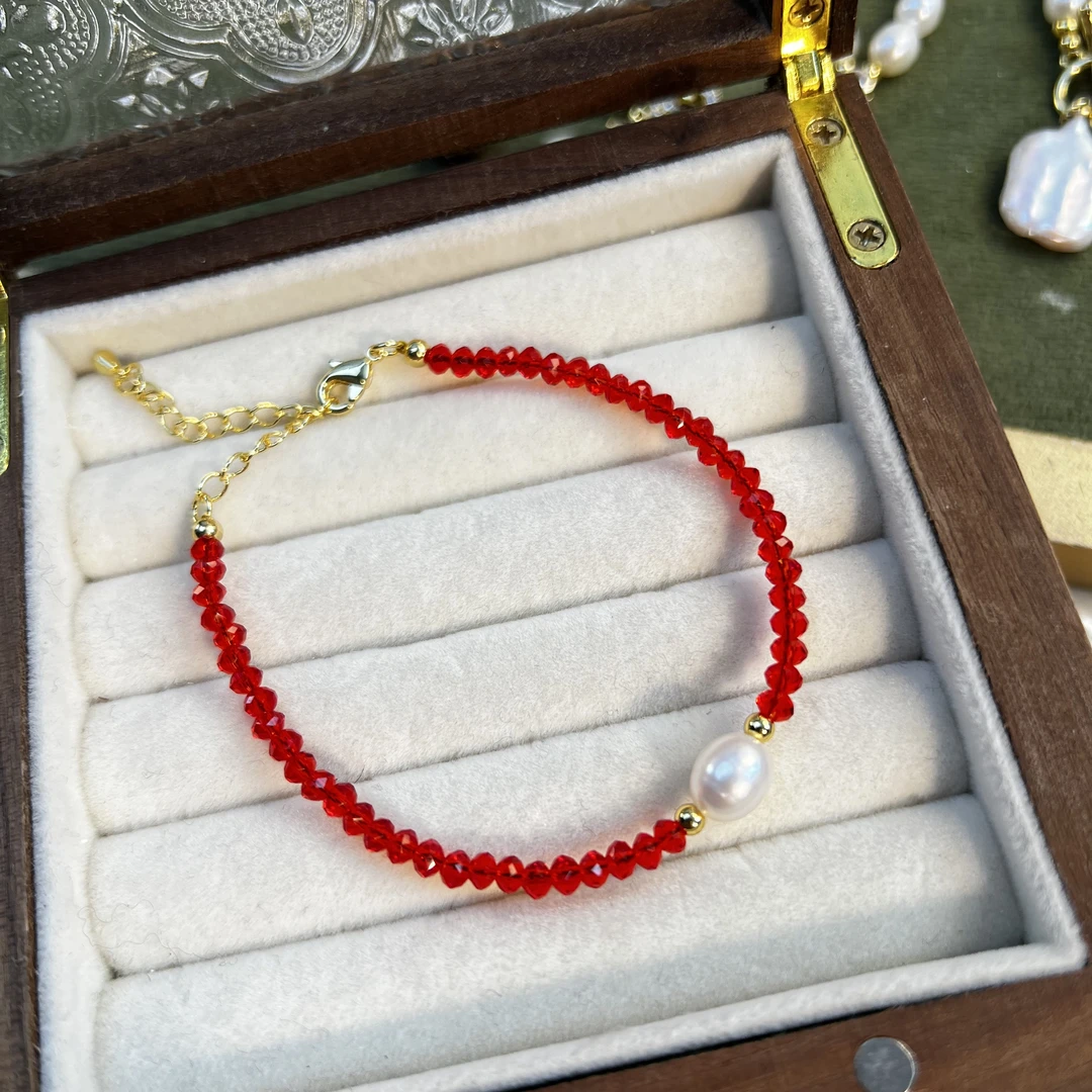 天然淡水珍珠小众气质手链红色细款珍珠手链LH0598
