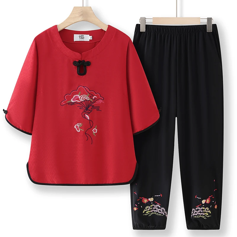 中老年人套装女洋气妈妈夏装新中式奶奶装夏季T恤两件套老人衣服