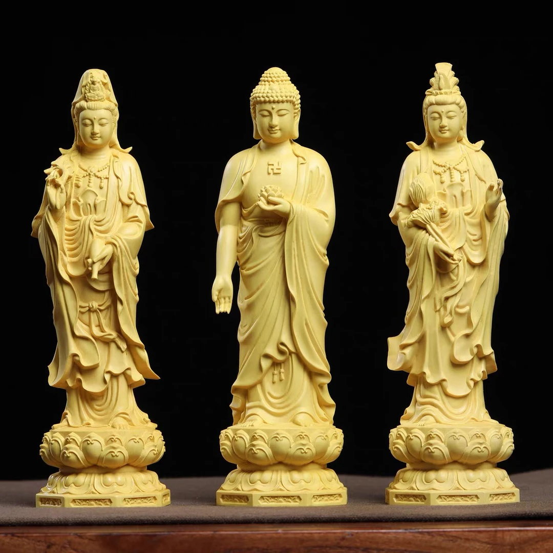 崖柏黄杨木材质西方三圣雕刻阿弥陀佛观音大势至菩萨观音玄关摆件