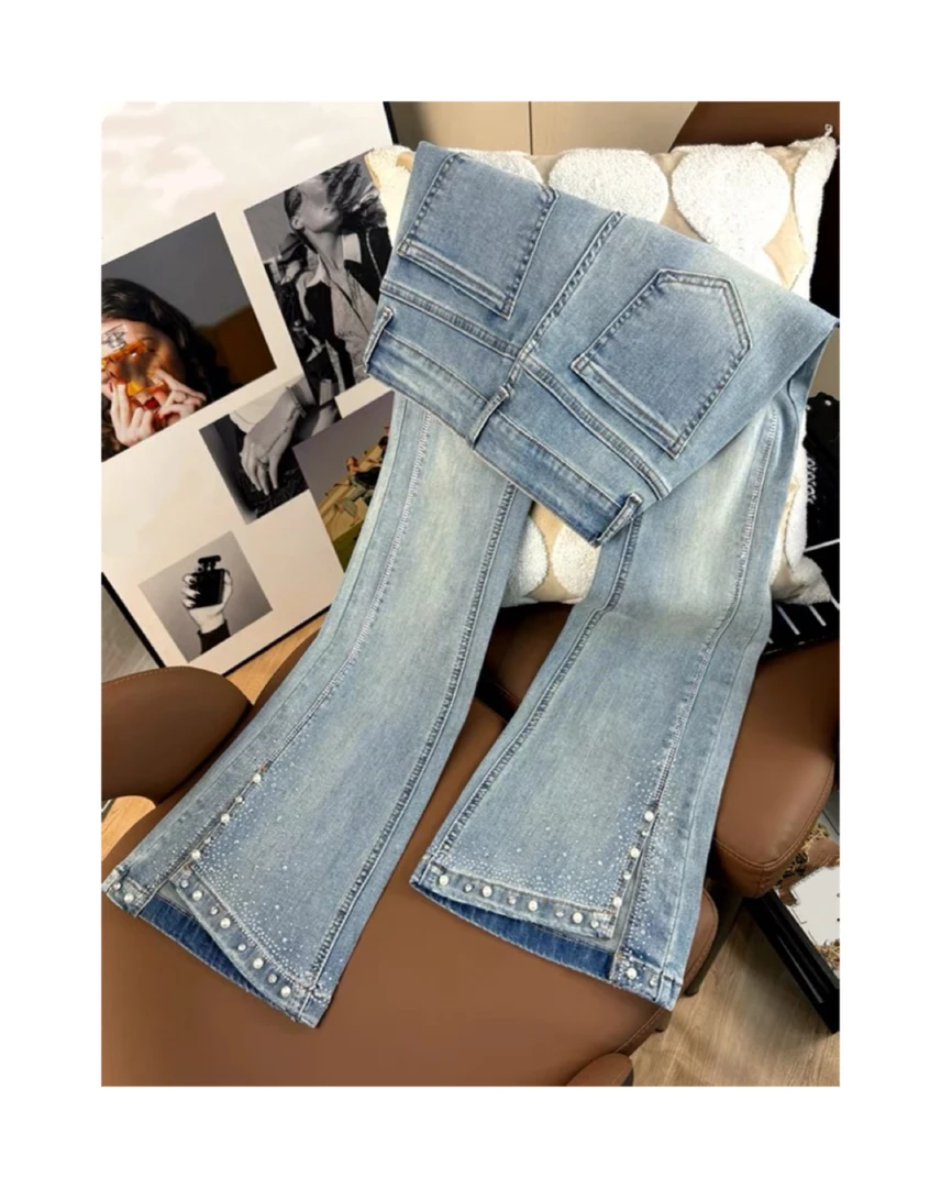 M6361钻侧开衩浅蓝色四面弹喇叭裤牛仔裤高腰显瘦