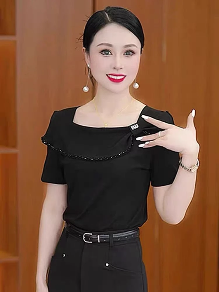 59921【衣长52】蝴蝶结方领短袖T恤女修身显瘦2025夏季薄款洋气减龄