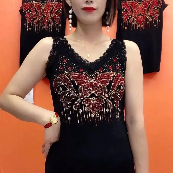 新款蝴蝶图案背心内搭蕾丝花边弹力透气烫钻洋气女高质量打底小衫