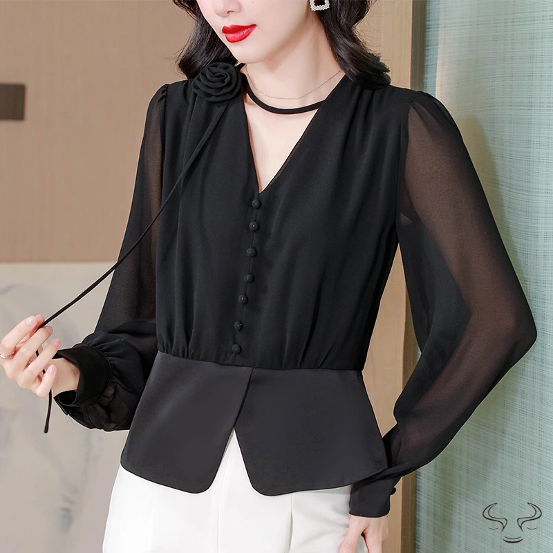 新款气质显瘦V领立体花朵装饰系带色长袖衬衫春季