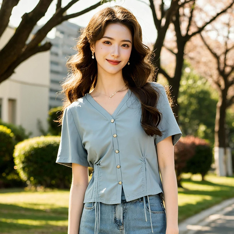 奢姿大码女装2025夏季减龄抽绳设计简约T恤胖妹妹时尚百搭V领上衣