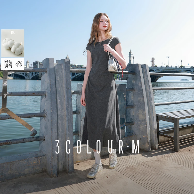 三彩2025夏季新款设计感收腰灰色连衣裙A字圆领短袖T恤长裙女M