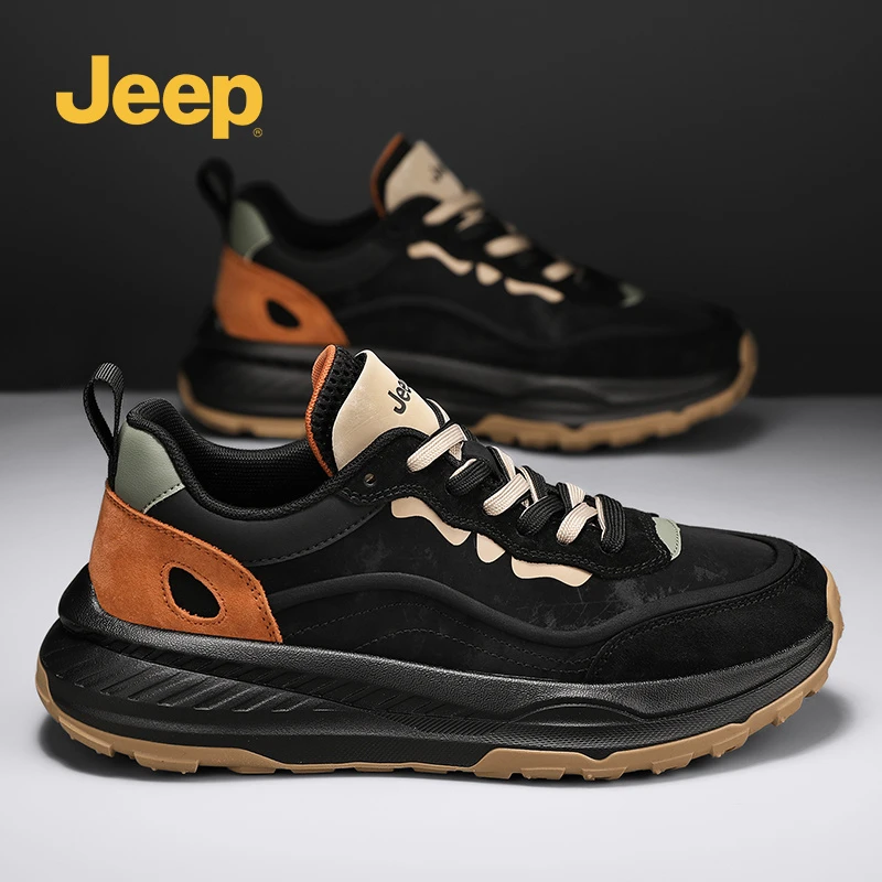 JEEP吉普男鞋真皮运动鞋2025冬季百搭轻奢厚底耐磨户外徒步老爹鞋