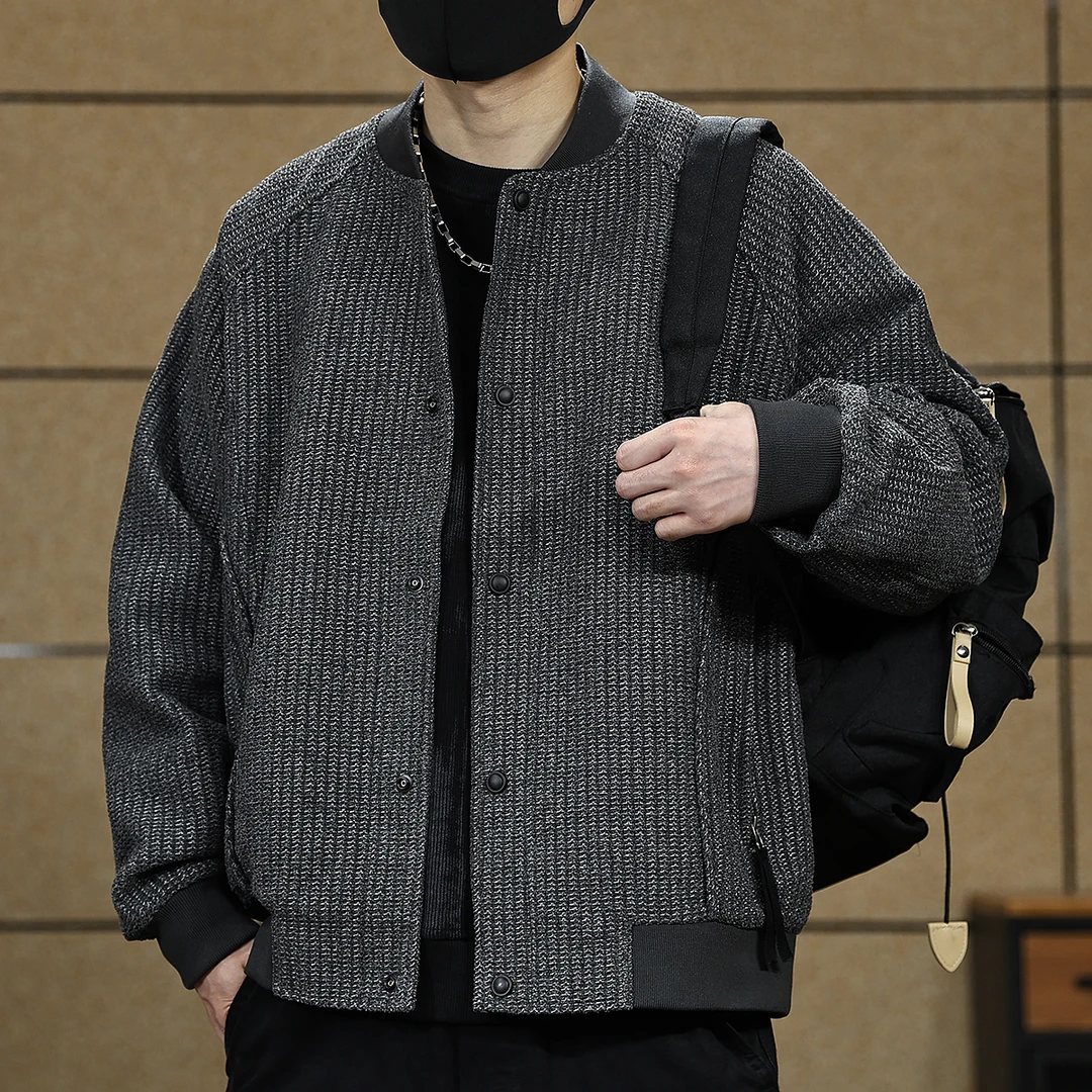 高端春秋季美式休闲棒球领外套男装纯色百搭宽松针织开衫夹克上衣