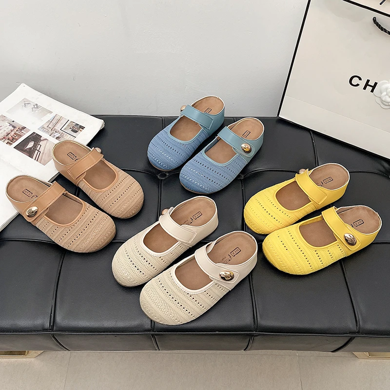 包头拖纯色平底皮革拼接软底奶奶鞋舒适套趾编织百搭