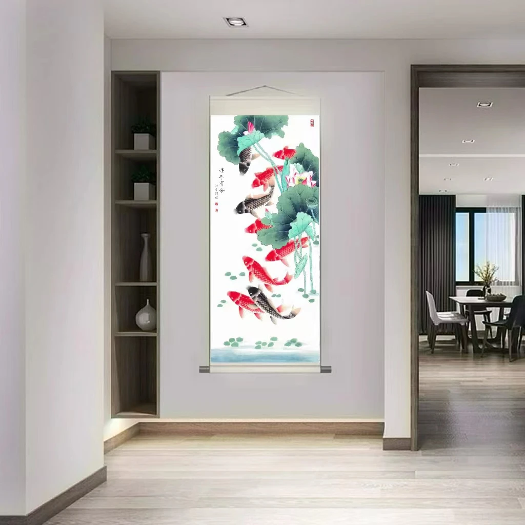 《连年有余》180*72竖幅新中式餐厅玄关走廊书房茶室装饰挂画