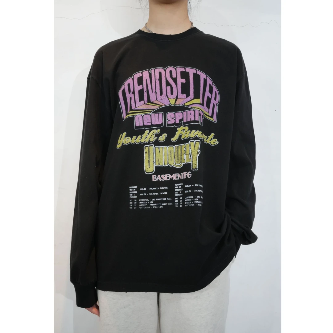 FAZX潮牌 时尚百搭休闲长袖水洗磨边印花长T 胸围120 衣长78