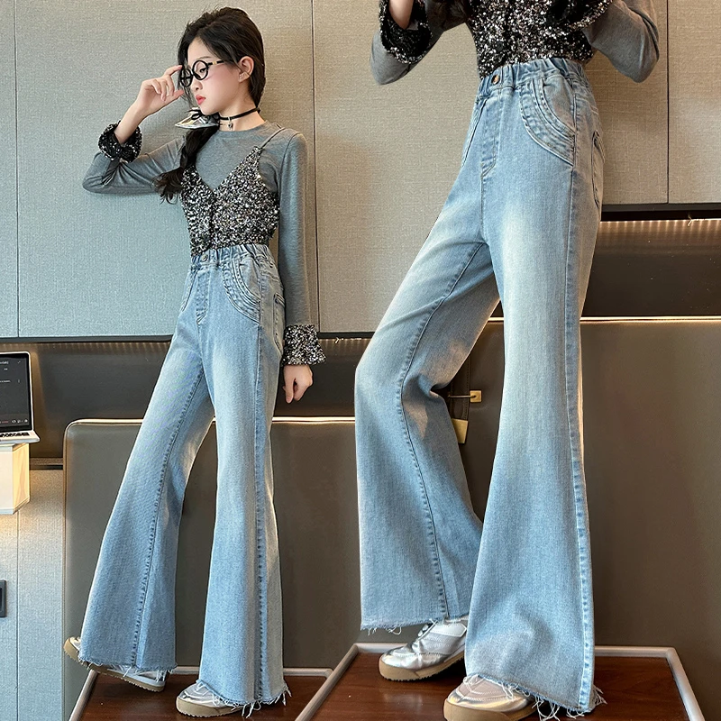 女童喇叭裤春秋款2025新款春季牛仔裤女大童微喇春装长裤儿童裤子