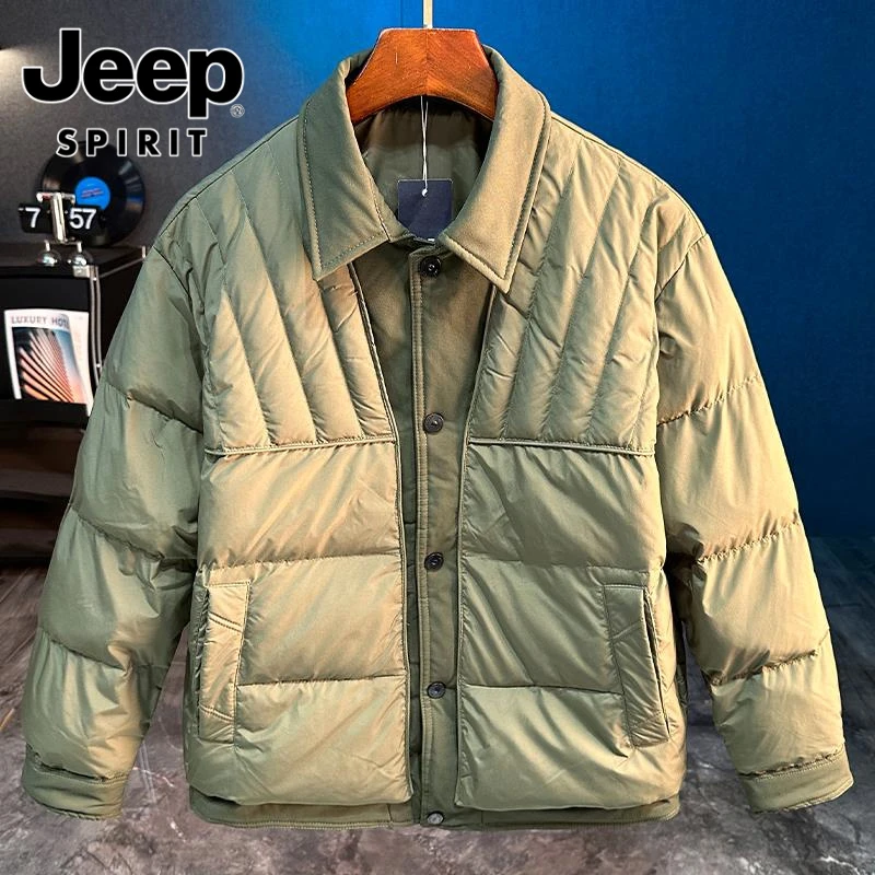jeep吉普冬季潮牌男士款宽松翻领假两件厚款拼接款保暖加厚羽绒服