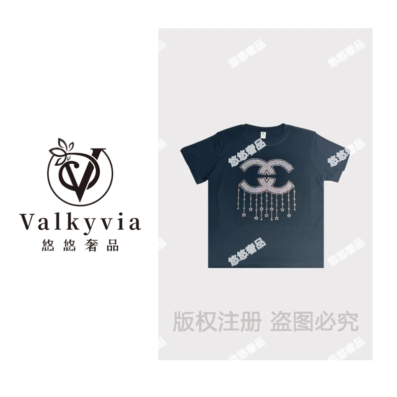 【Valkyvia/悠悠奢品】欧货螺纹棉设计师打底衫重工烫钻短袖T恤女
