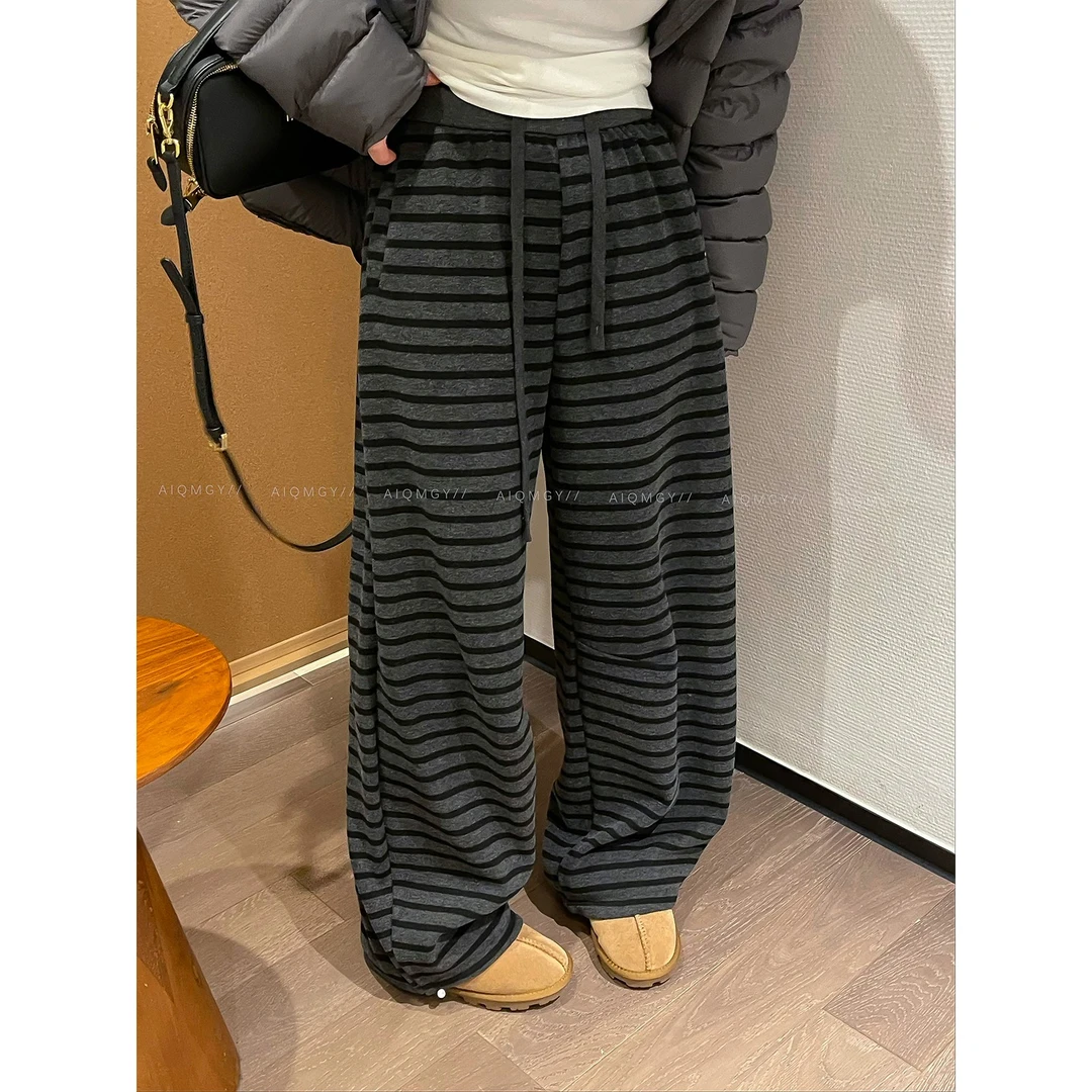 加绒加厚条纹抽绳高腰直筒休闲裤女2025秋冬季新款宽松阔腿长裤子