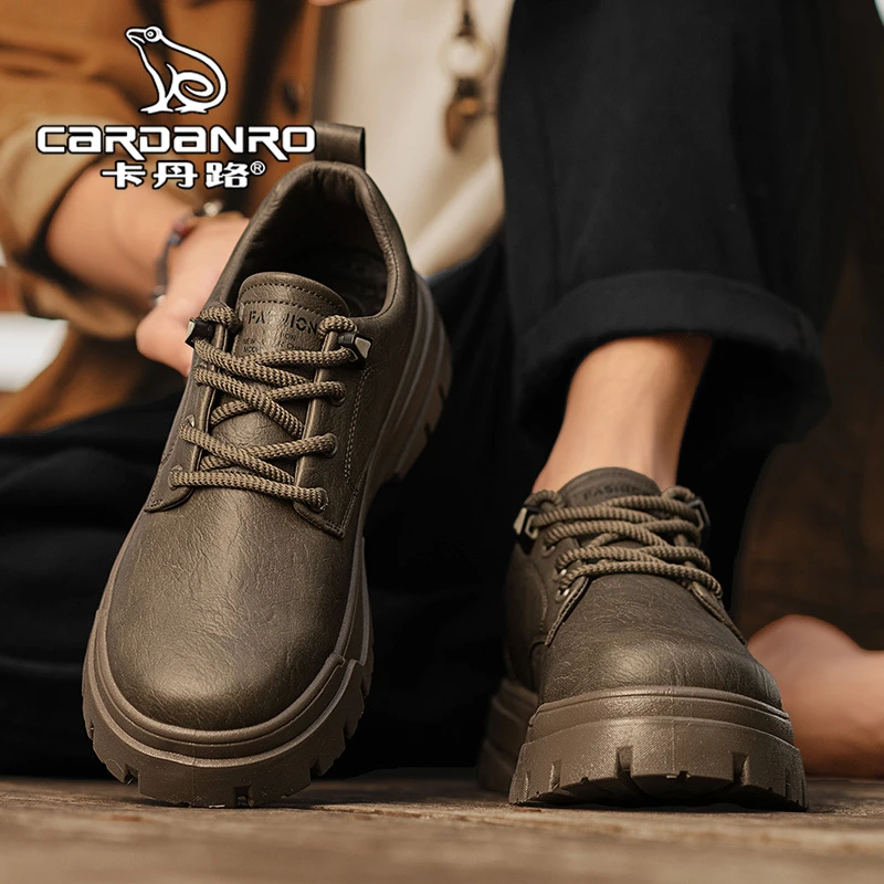 意大利卡丹路男鞋秋季英伦风复古棕色皮鞋男士增高厚底低帮马丁靴