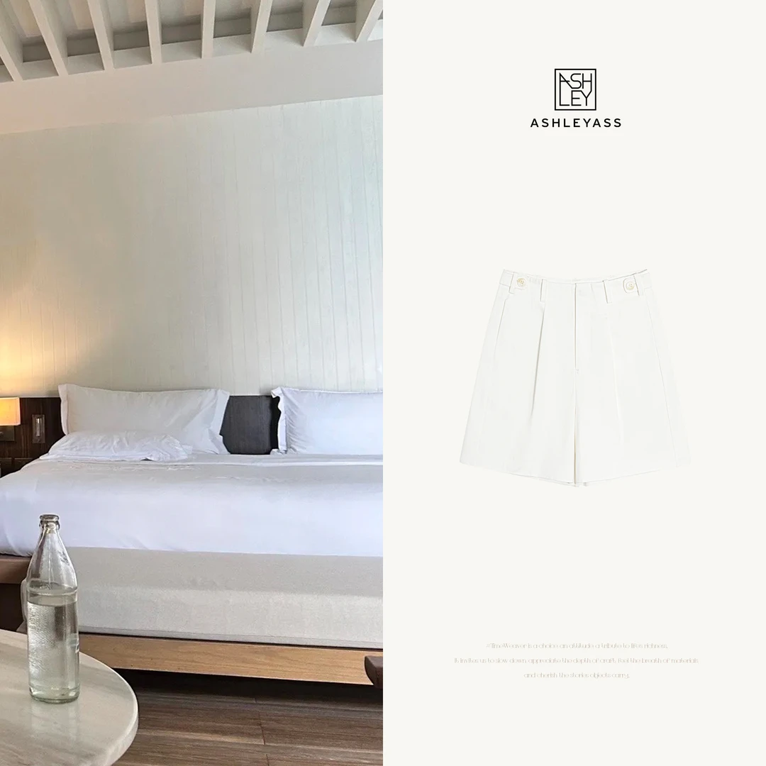 ashleyass“空心纱短裤”潮牌女装高腰休闲裤白色短裤LSK250380Y