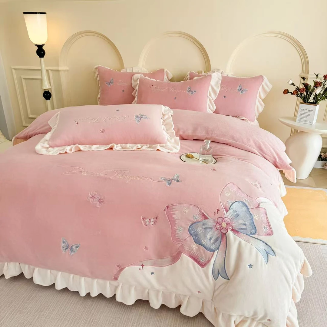 【晴美】高克重牛奶绒刺绣四件套-语蝶-粉